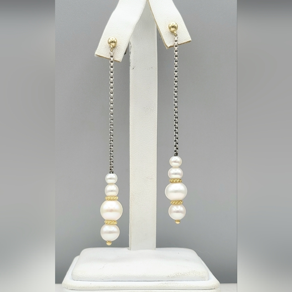 David Yurman Pearl Drop Gold Station Earrings